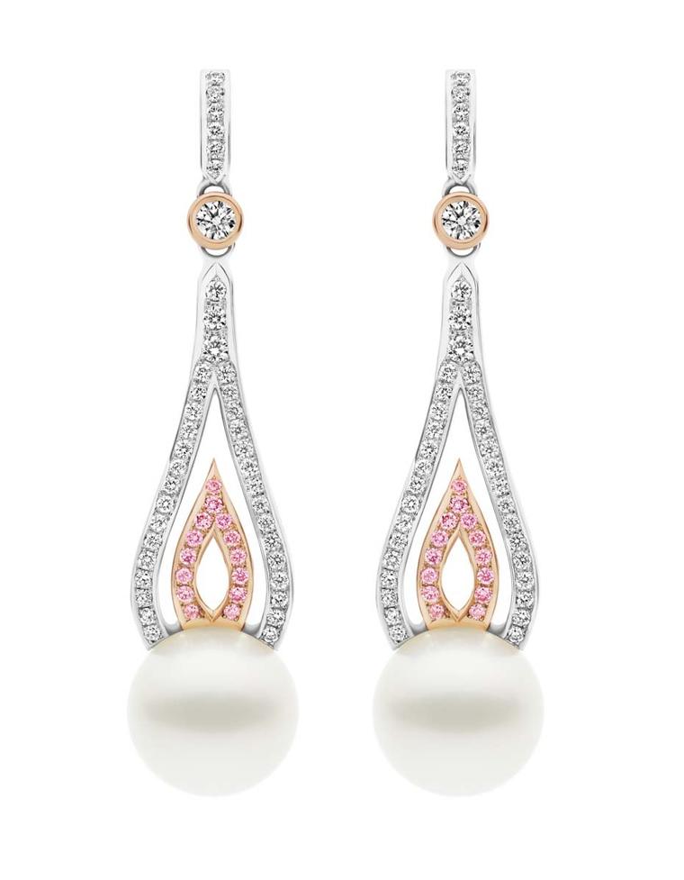 Kailis Flame pearl earrings in white and rose gold, set with pink and white pavé diamonds and two 12-13mm round Australian South Sea pearls.